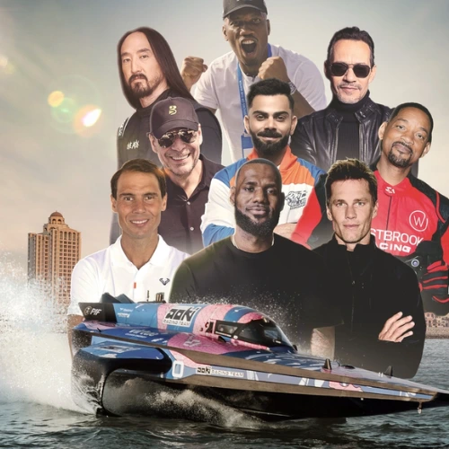 E1 Series key art: the team owners with a RaceBird on the water