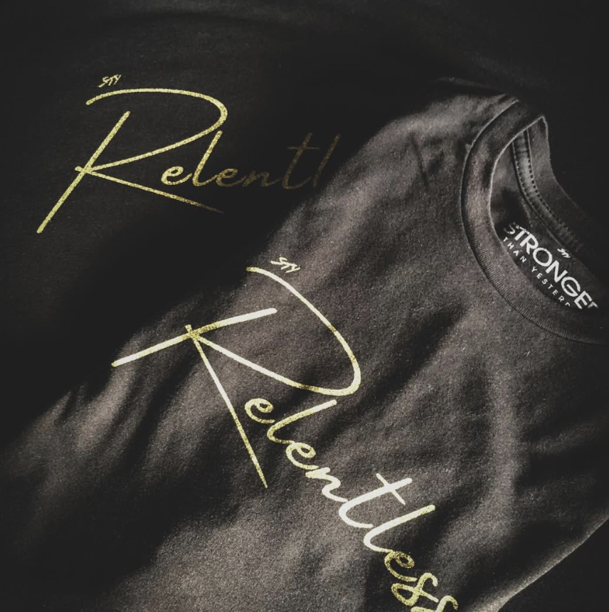 STY Relentless gold script detail
