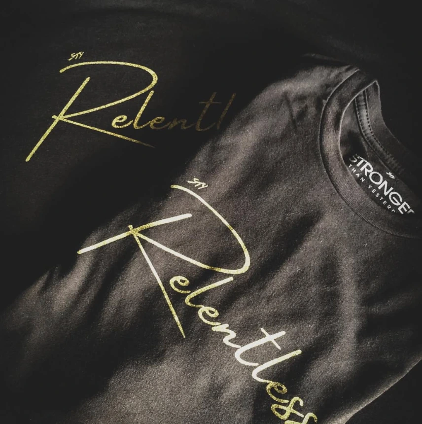 STY Relentless gold script detail